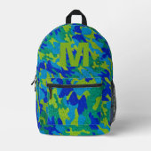Blue Green Camouflage Glitter Outdoorsy Monogram プリントバックパック (正面)
