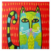 Blue Green Cat Abstract Digital Painting タイル (正面)