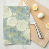Blue Green Floral Block Print キッチンタオル (四つ折り)