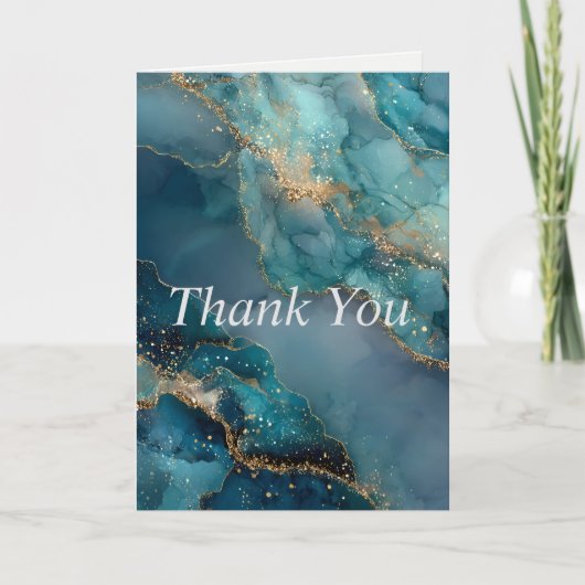 Blue, Green, Gold Glittering Marble Thank You Card 招待状 (正面)