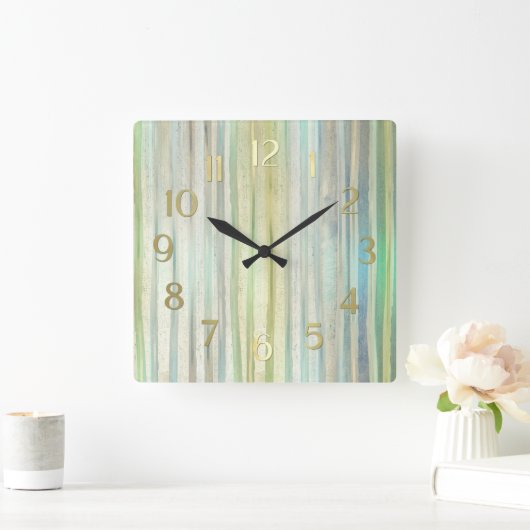 Blue Green Gold Stripes スクエア壁時計 (ホーム)