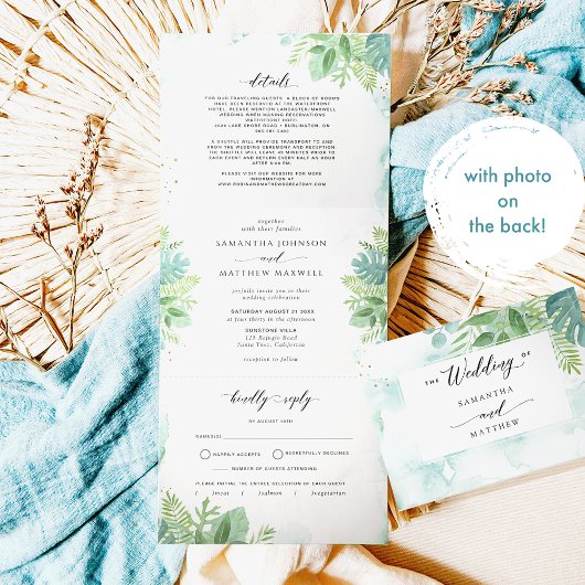 Blue Green GreeneryとRSVP、写真結婚の 三つ折り招待状
