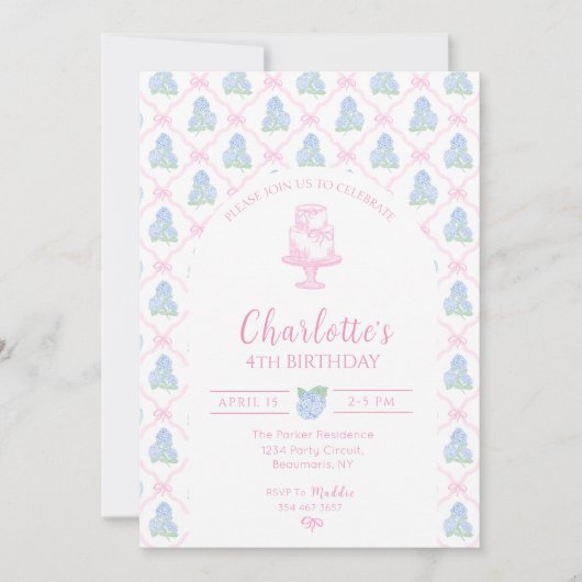 Blue Green Hydrangea Pink Bow Trellis 招待状 (正面)