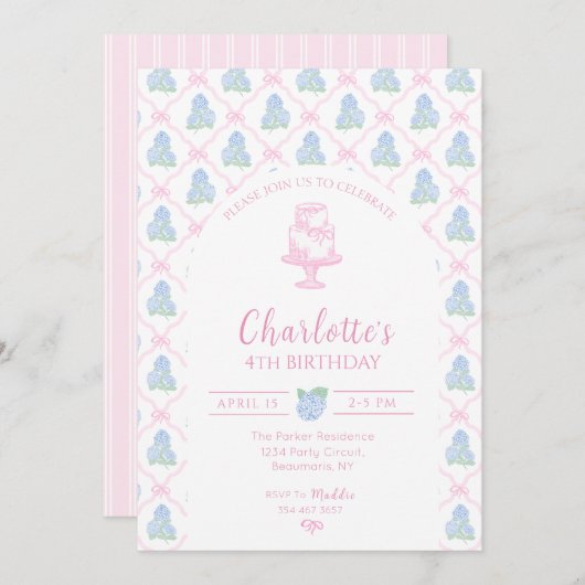 Blue Green Hydrangea Pink Bow Trellis 招待状 (正面/裏面)