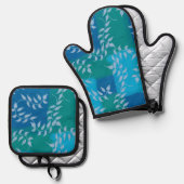 Blue Green Ivy Leaf Watercolor 鍋つかみ&鍋敷きセット (正面/裏面)