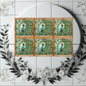 Blue Green Majestic Peacock Golden Feathers Motif タイル