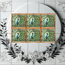 Blue Green Majestic Peacock Golden Feathers Motif  タイル