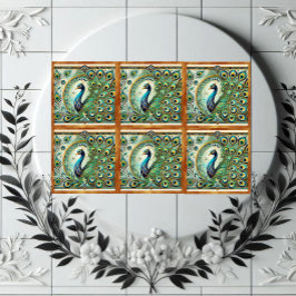 Blue Green Majestic Peacock Golden Feathers Motif  タイル