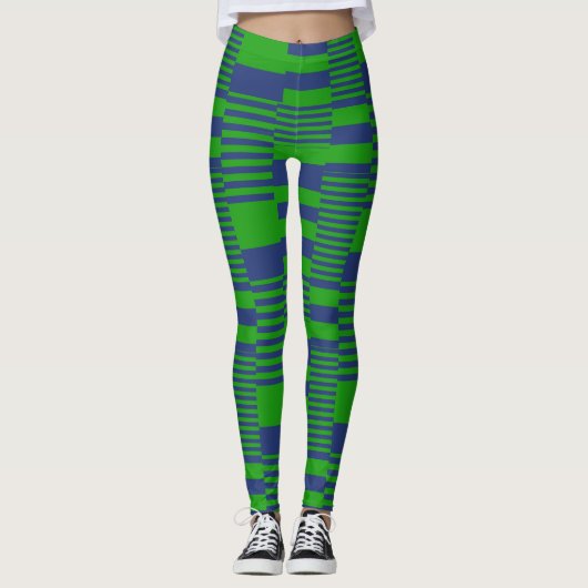 Blue Green Patchwork Stripes Design  レギンス (正面)