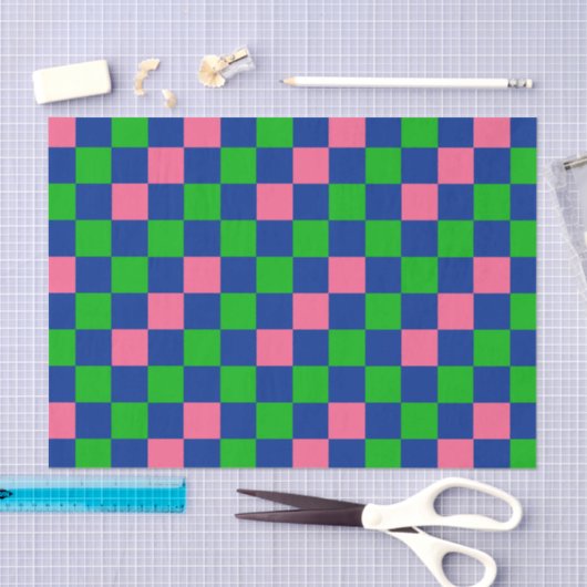 Blue Green Pink Checkered Pattern Design  薄葉紙 (クラフト)