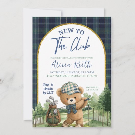 Blue Green Preppy Golf Bear Baby Shower Invitation 招待状 (正面)