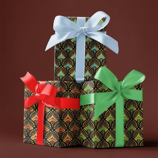 Blue, Green Red Art Deco Pattern On Black ラッピングペーパーシート