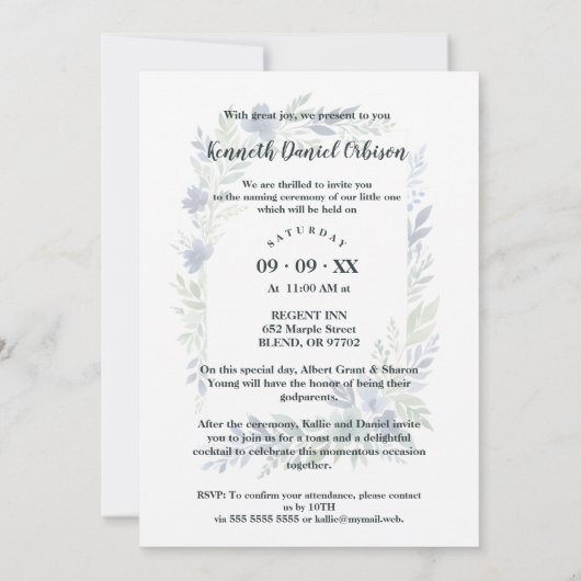 Blue & Green Shades Floral Frame Naming Ceremony 招待状 (裏面)