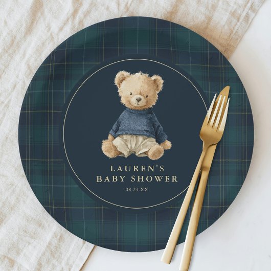 Blue Green Tartan Polo Bear Baby Shower ペーパープレート
