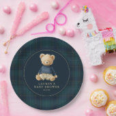 Blue Green Tartan Polo Bear Baby Shower ペーパープレート (パーティー)