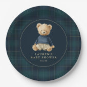 Blue Green Tartan Polo Bear Baby Shower ペーパープレート (正面)