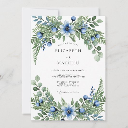 Blue Green Verdant Botanical Wedding 招待状 (正面)