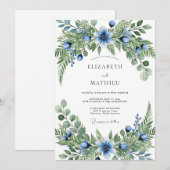 Blue Green Verdant Botanical Wedding 招待状 (正面/裏面)