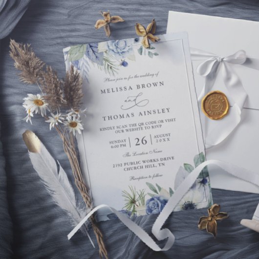 Blue Green Watercolor Elegant QR Code Wedding 招待状