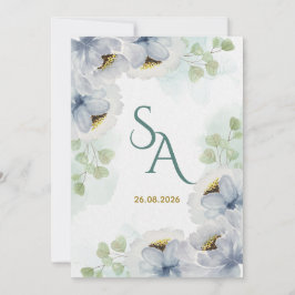 Blue Green Watercolor Floral Wedding Invitation El 招待状
