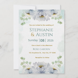 Blue Green Watercolor Floral Wedding Invitation El 招待状
