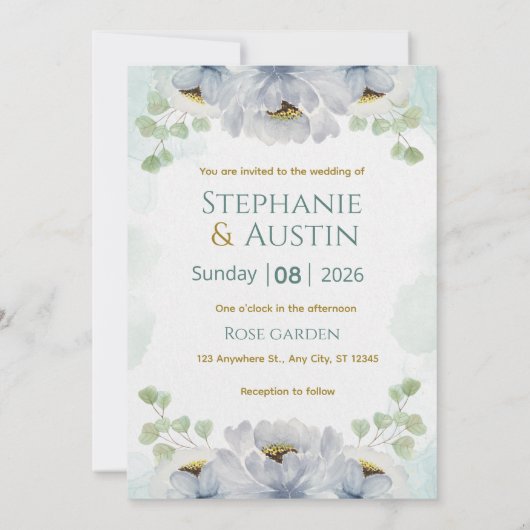 Blue Green Watercolor Floral Wedding Invitation El 招待状 (裏面)