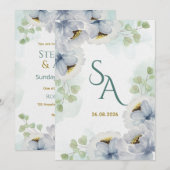 Blue Green Watercolor Floral Wedding Invitation El 招待状 (正面/裏面)