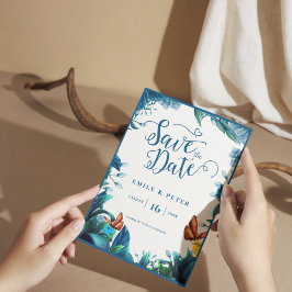 Blue Green Watercolor Foliage Butterfly Wedding 案内ポストカード