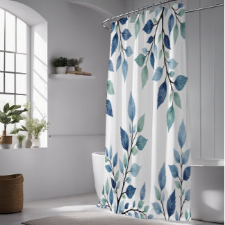 Blue Green Watercolor Leaves Botanical Design 376 シャワーカーテン