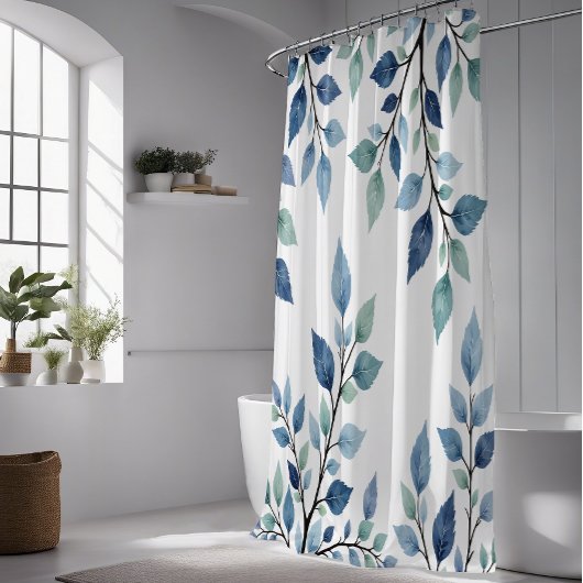 Blue Green Watercolor Leaves Botanical Design 376 シャワーカーテン