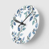 Blue Green Watercolor Leaves Botanical Design 376 ラウンド壁時計 (傾斜)