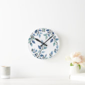 Blue Green Watercolor Leaves Botanical Design 376 ラウンド壁時計 (ホーム)
