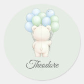 Blue & Green Watercolor Teddy Bear Baby Shower ラウンドシール (正面)