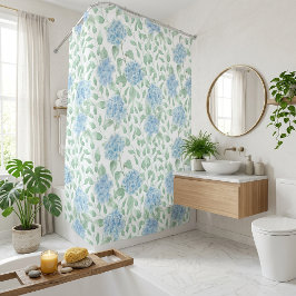 Blue Green Watercolor Wildflower シャワーカーテン