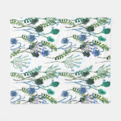 Blue Green Watercolor Wildflower フリースブランケット (正面(横))