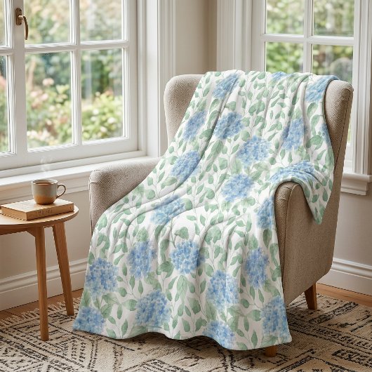 Blue Green Watercolor Wildflower フリースブランケット