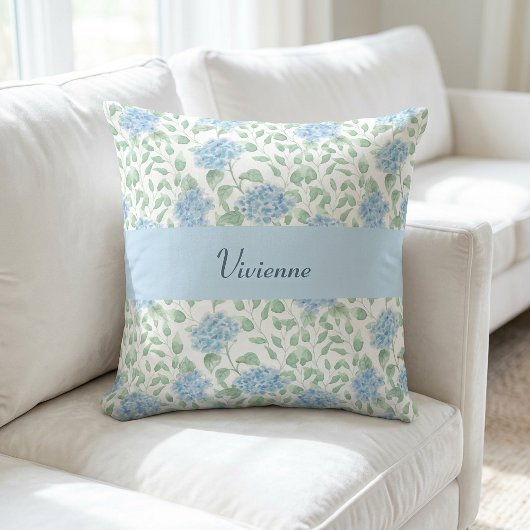 Blue Green Watercolor Wildflower Monogram Name クッション