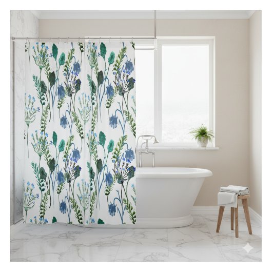Blue Green Watercolor Wildflower Shower Curtain シャワーカーテン