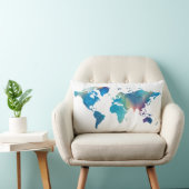 Blue Green Watercolor World Map Travel ランバークッション (椅子)