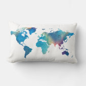 Blue Green Watercolor World Map Travel ランバークッション (正面)