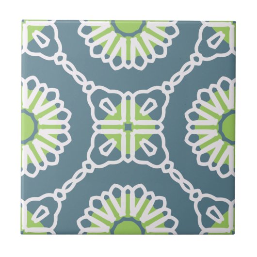 Blue Green White Moroccan Mosaic Geometric Pattern タイル (正面)