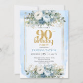 Blue Greenery Gold Glitter 90th Birthday Invites 招待状 (正面)