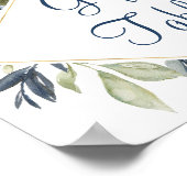 Blue greenery leaves gold foliage gift table sign ポスター (角)