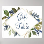 Blue greenery leaves gold foliage gift table sign ポスター (正面)