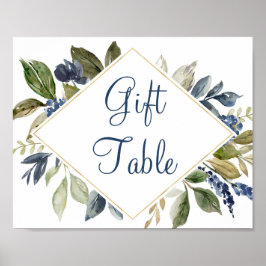 Blue greenery leaves gold foliage gift table sign ポスター