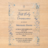  blue greenery watercolor First Communion boy アクリル招待状 (正面)