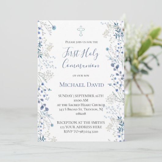  blue greenery watercolor First Communion boy 招待状 (スタンド正面)