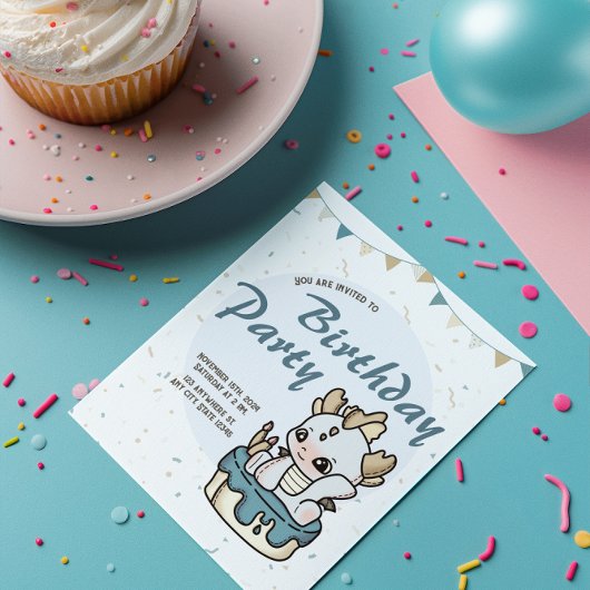 Blue Grey Baby Dragon Birthday Invitation 招待状