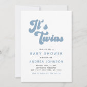 Blue Groovy Retro Boy Twins Minimal Baby Shower 招待状 (正面)