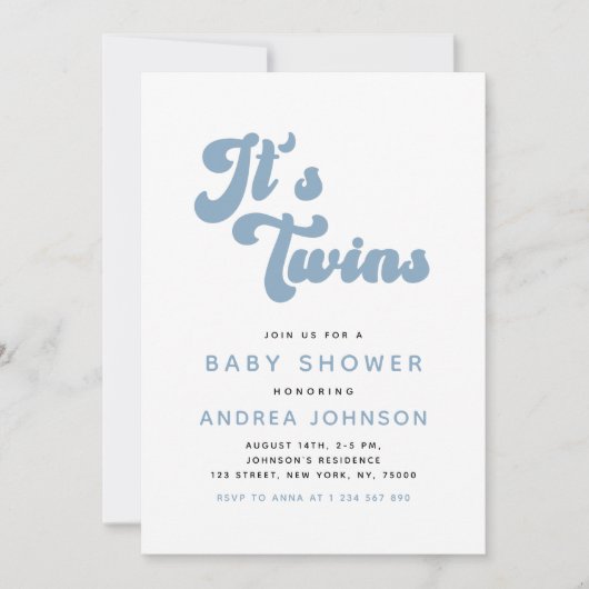 Blue Groovy Retro Boy Twins Minimal Baby Shower 招待状 (正面)
